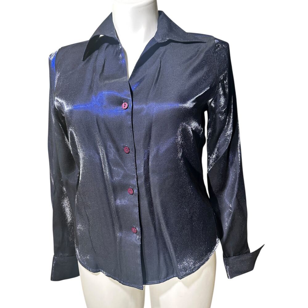 Christine & Jill Navy Shimmer Button-Front Blouse Size 10 Vintage Y2K